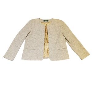 Orvis Womens Sz 12 Tan Wool Blend Tweed Collarless Open Front Blazer Jacket 8644